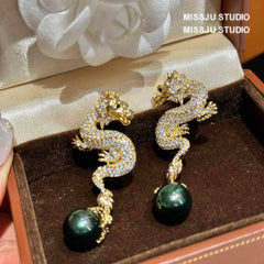 Paved Crystal Dragon Shaped Pearl Deco Earrings White