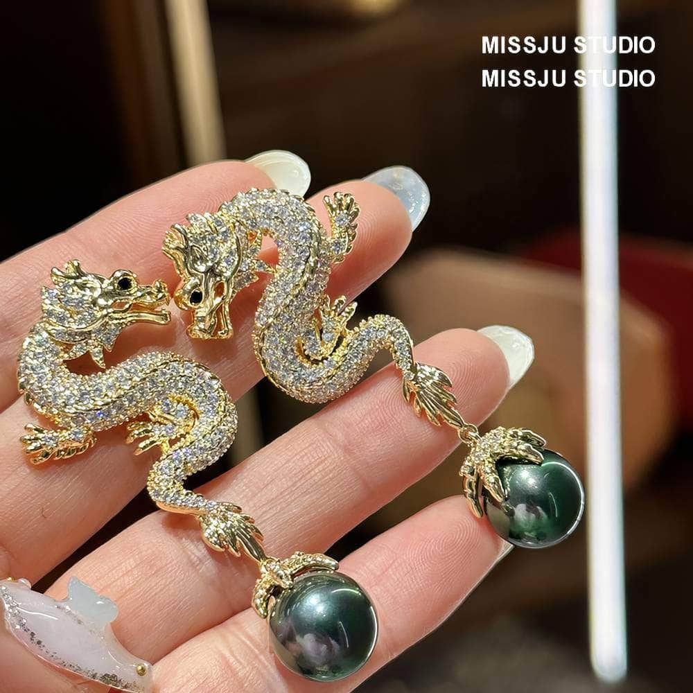 Paved Crystal Dragon Shaped Pearl Deco Earrings White
