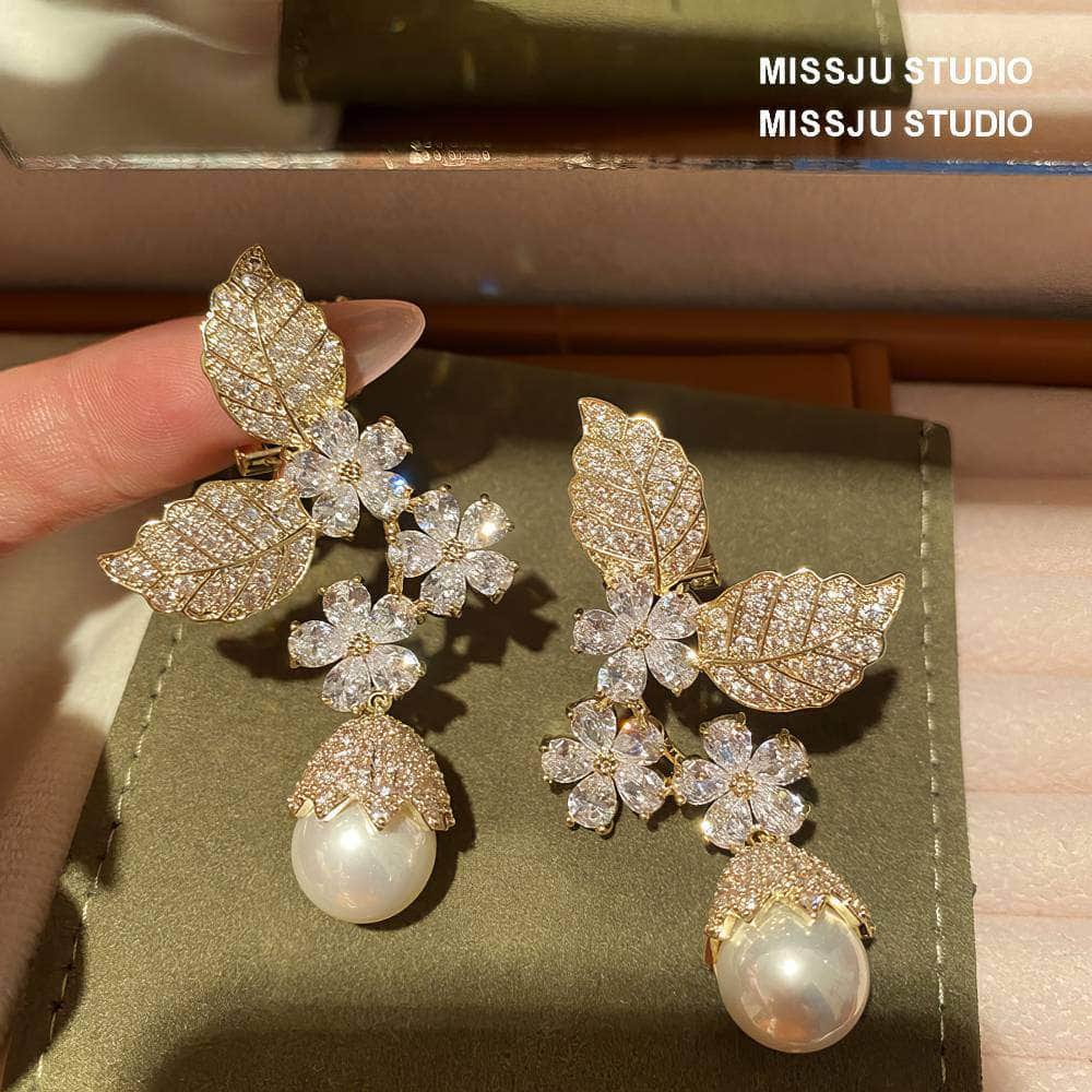 Paved Crystal Leaf Floral Pearl Deco Earrings White