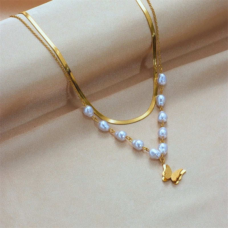 Pearl Butterfly Pendant Necklace - Fashionable 2-layer Clavicle Chain for Women and Girls, an ideal Party Jewelry Gift N1824