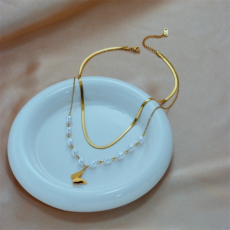 Pearl Butterfly Pendant Necklace: Fashionable 2-Layer Clavicle Chain N1824
