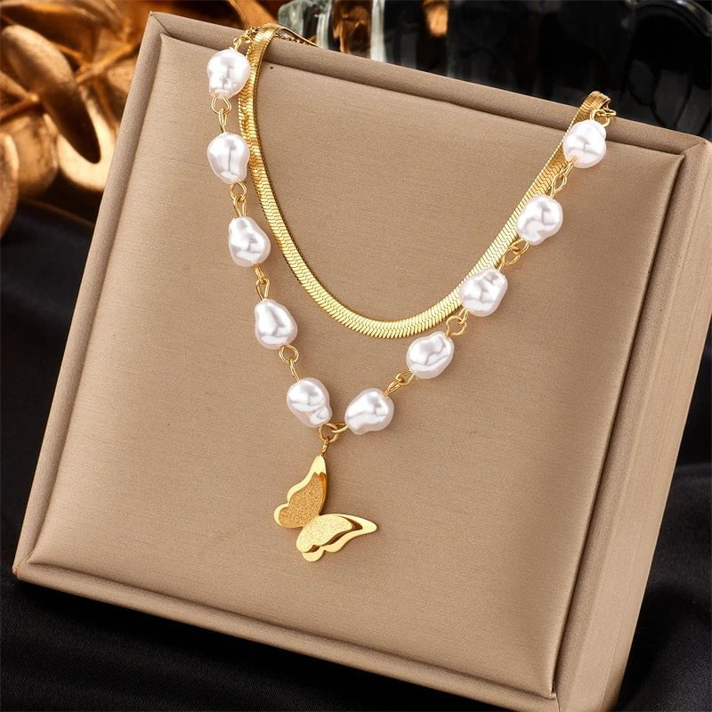 Pearl Butterfly Pendant Necklace: Fashionable 2-Layer Clavicle Chain N1824