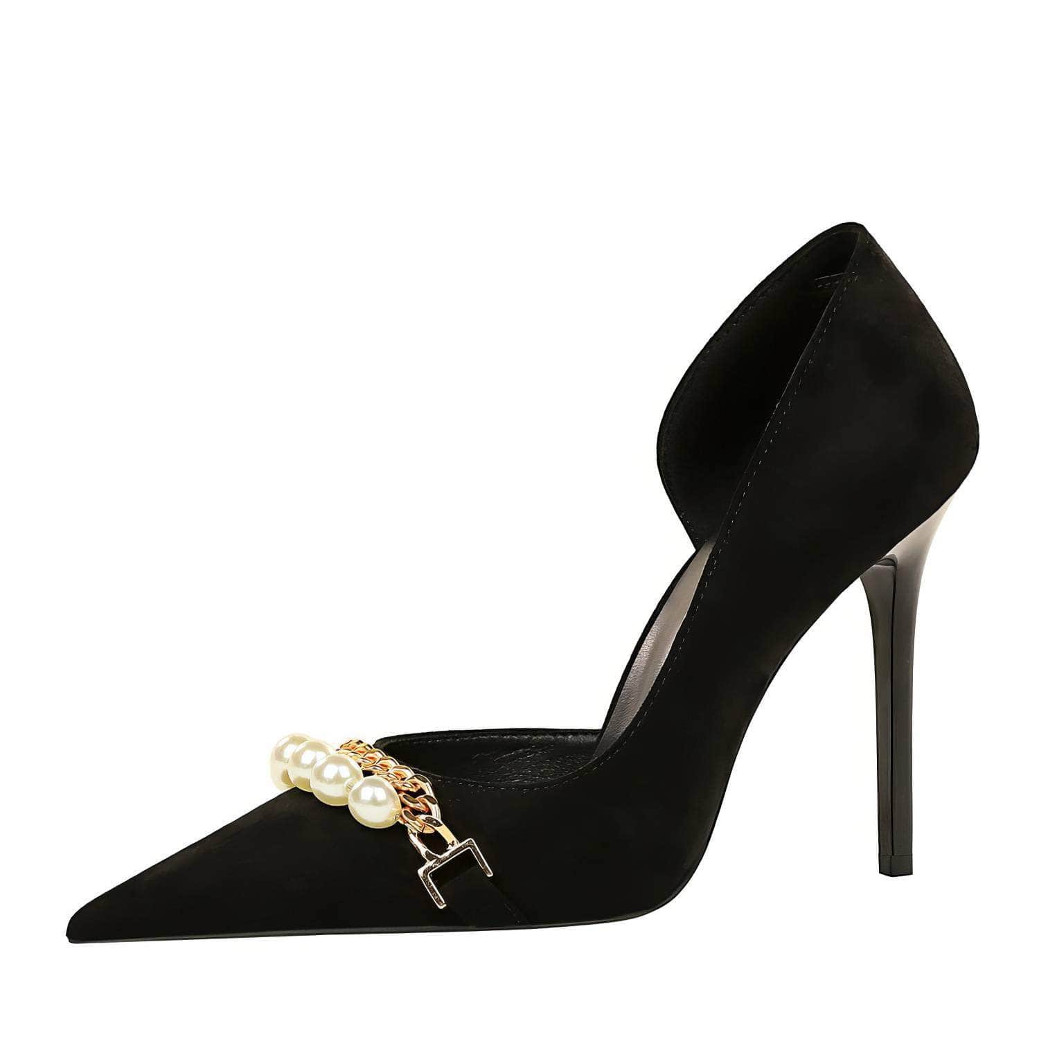 Pearl Chain Detailed Suede High Heels