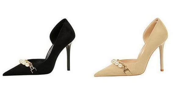 Pearl Chain Detailed Suede High Heels