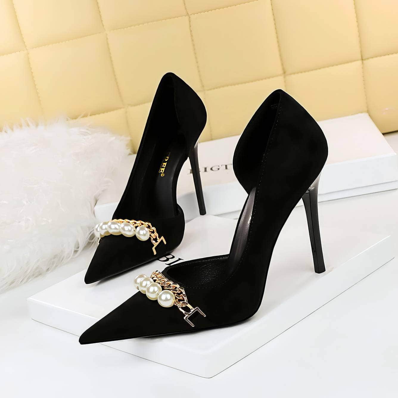 Pearl Chain Detailed Suede High Heels