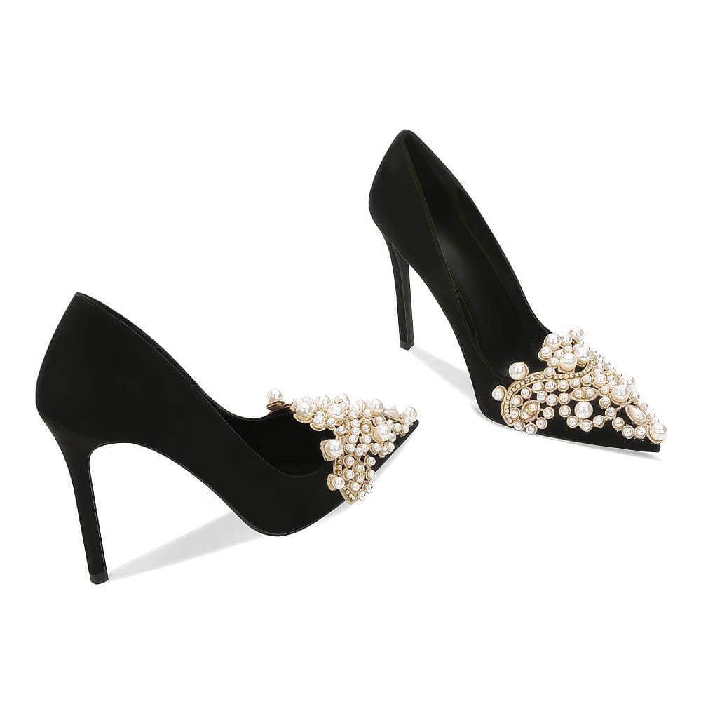 Pearl Decorated Rhinestone Pointy Toe Court Heels
