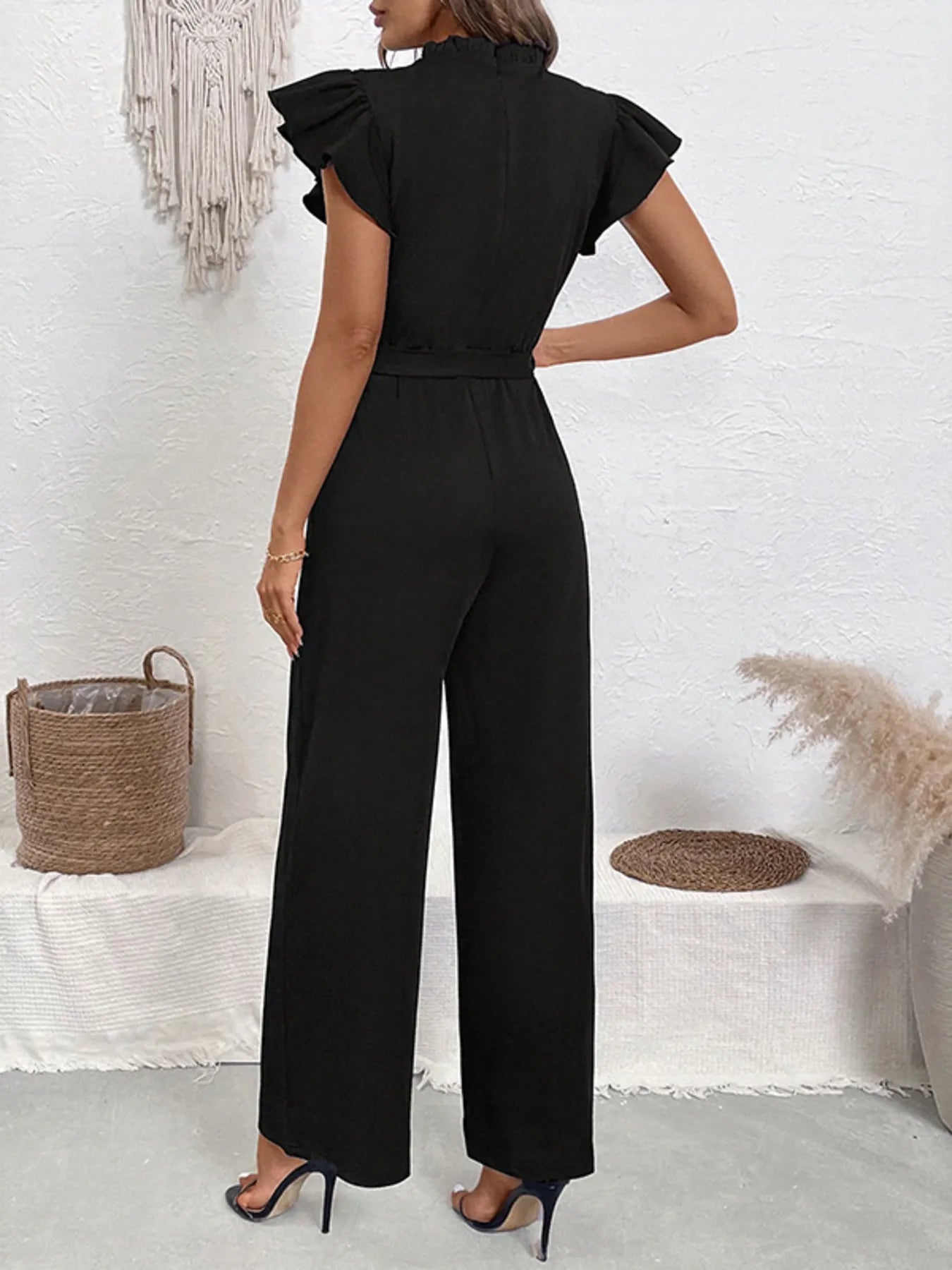 Pearl Detail Ruffled Cap Sleeve Jumpsuit