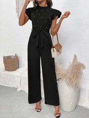 Pearl Detail Ruffled Cap Sleeve Jumpsuit