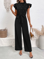 Pearl Detail Ruffled Cap Sleeve Jumpsuit Black / S