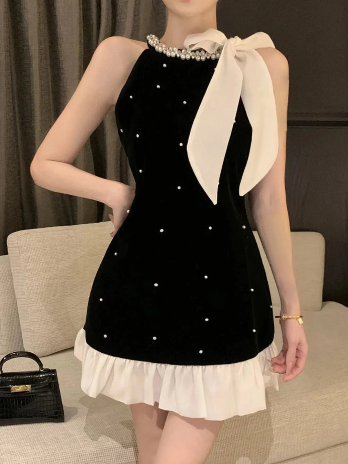 Pearl Detail Sleeveless Mini Dress Black / S