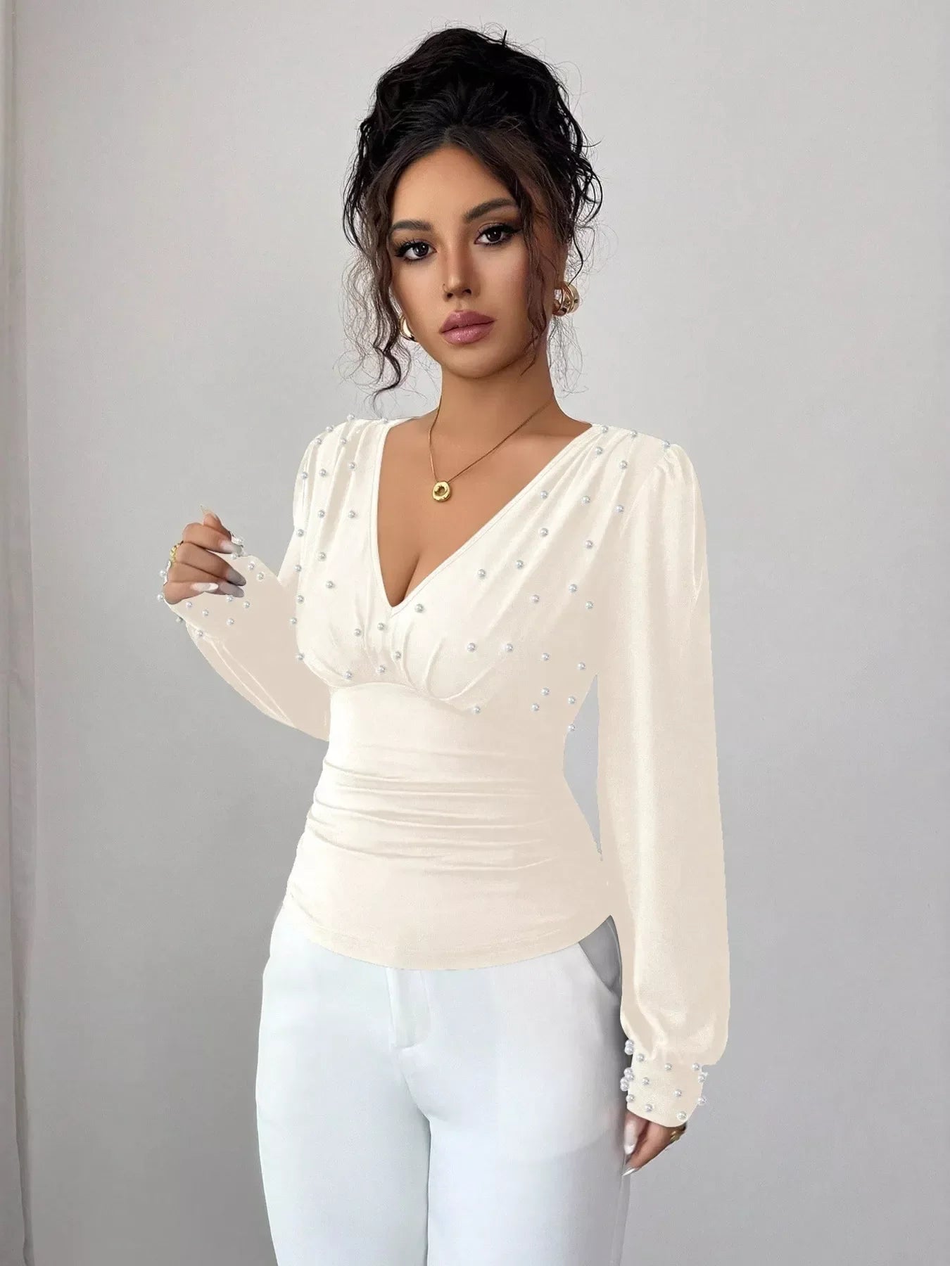 Pearl Embellished V-Neck Blouse