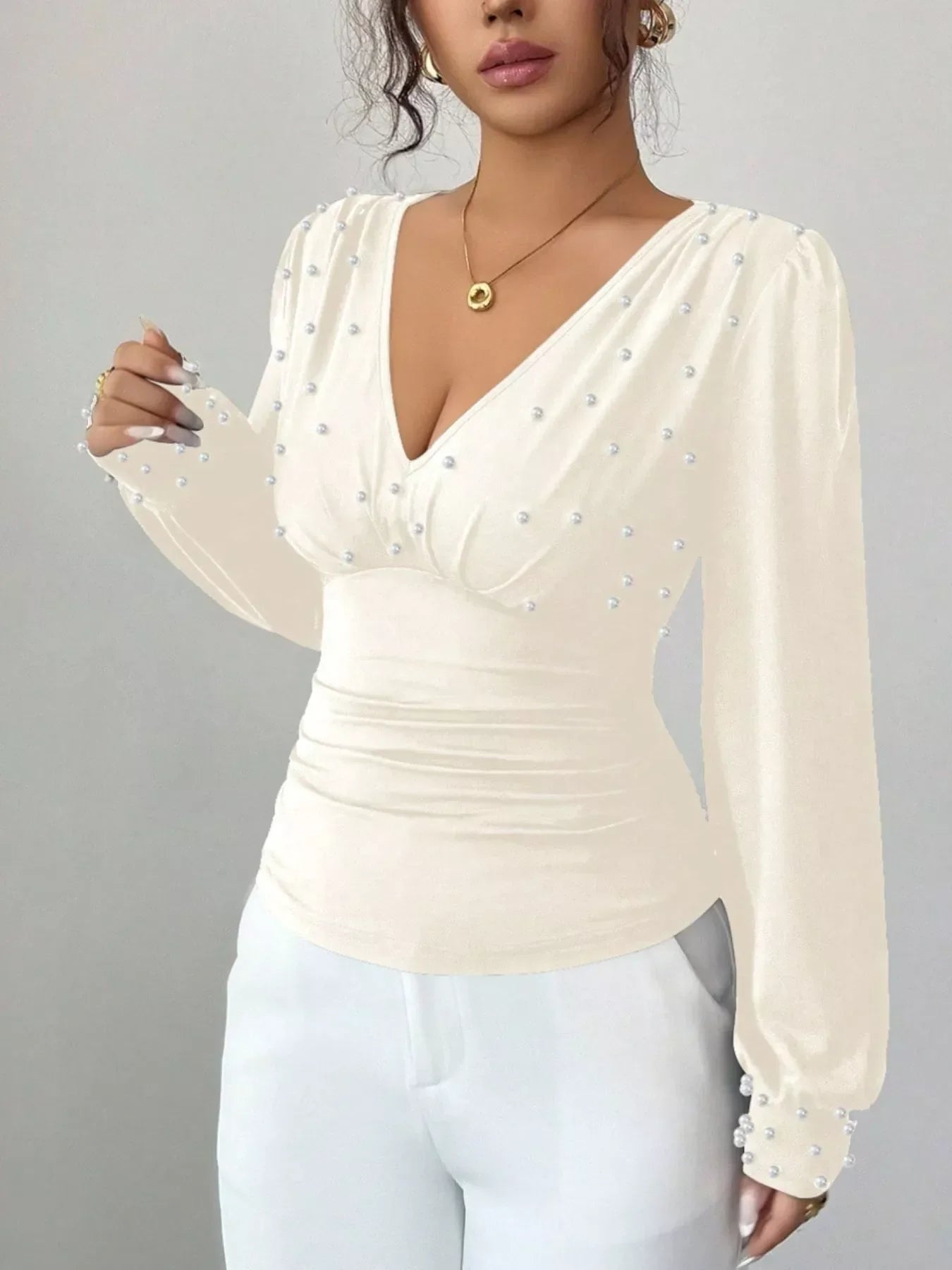 Pearl Embellished V-Neck Blouse Beige / S