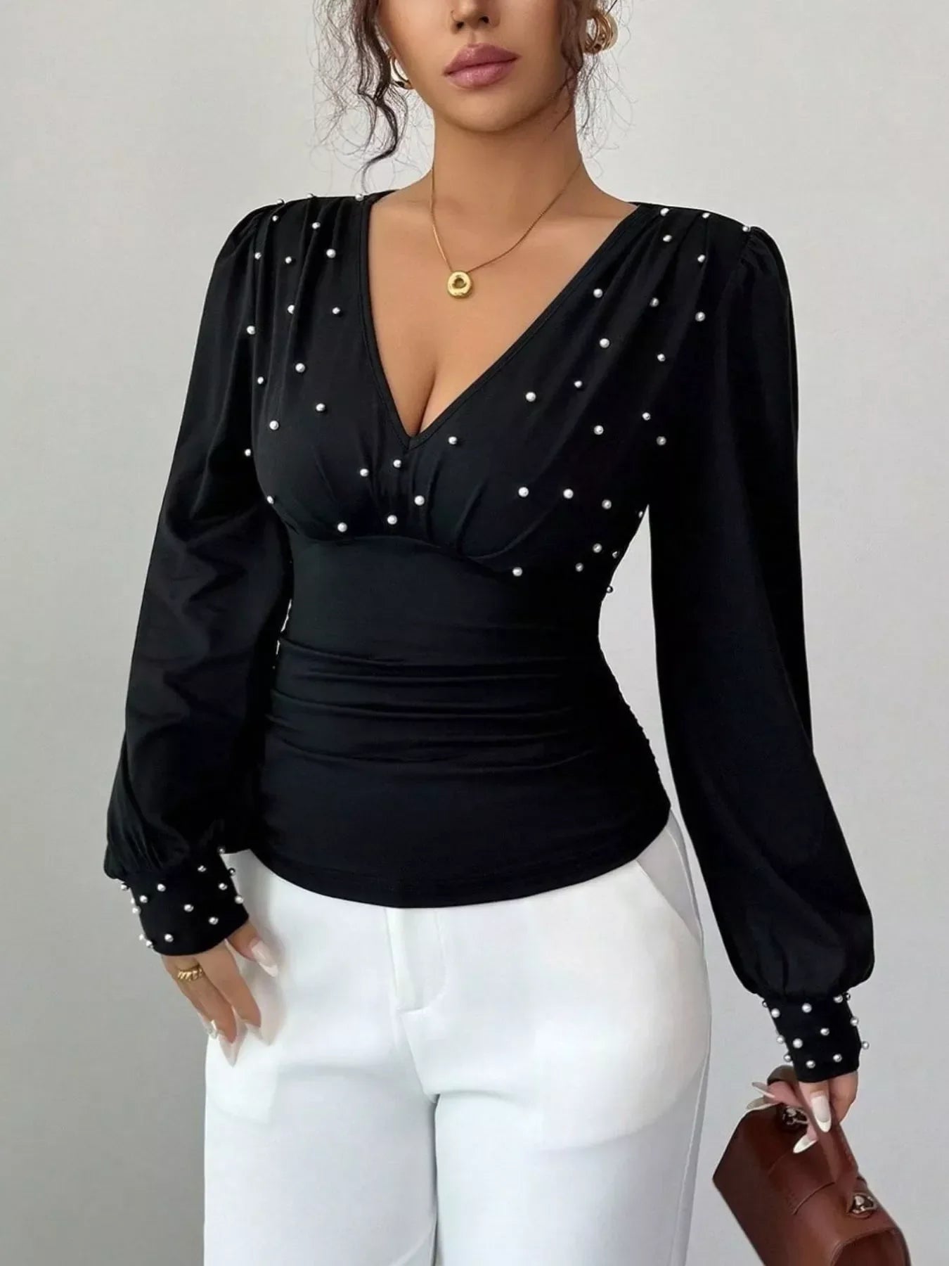 Pearl Embellished V-Neck Blouse Black / S