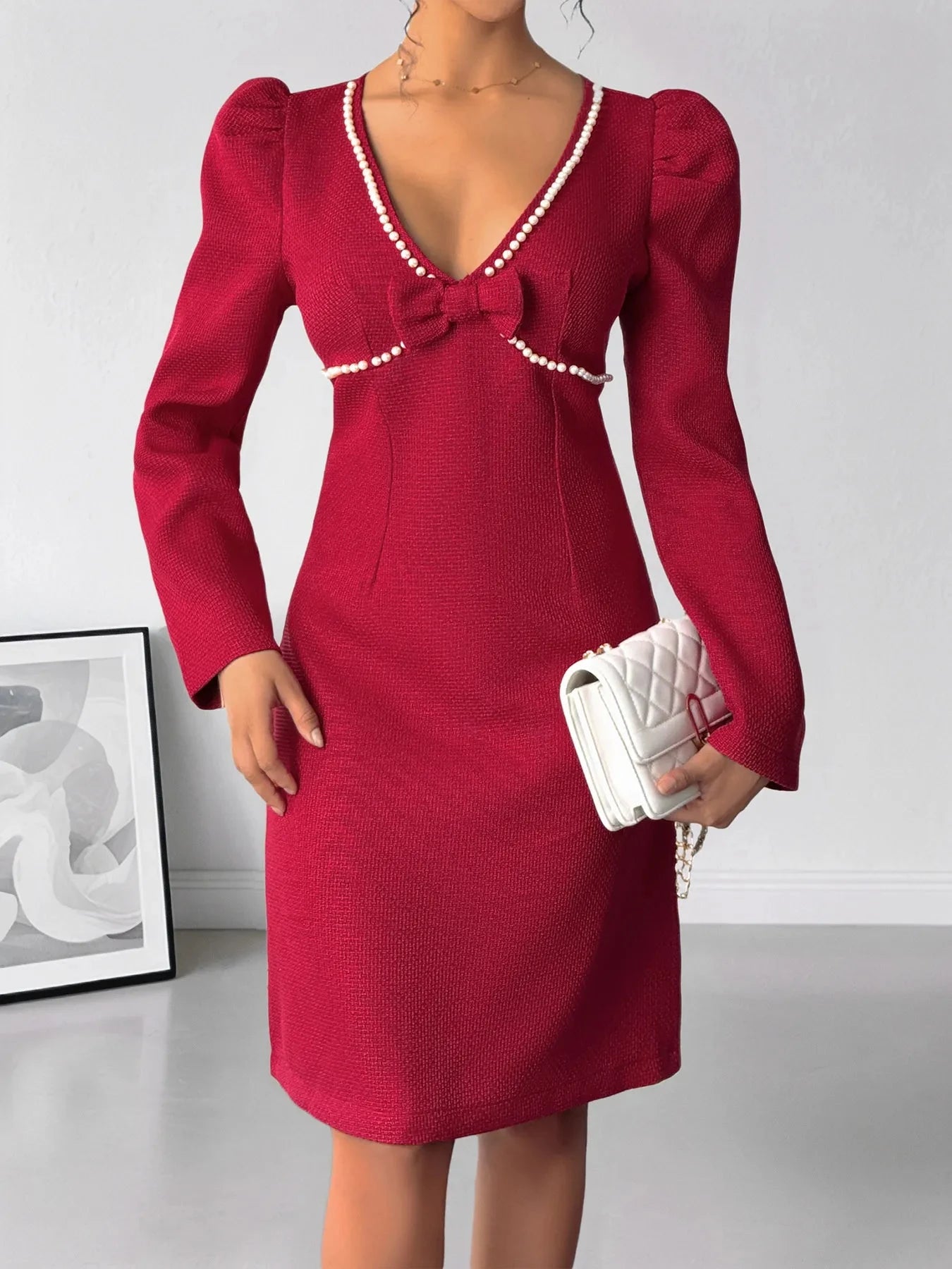 Pearl Trim V-Neck Long Sleeve Bodycon Dress