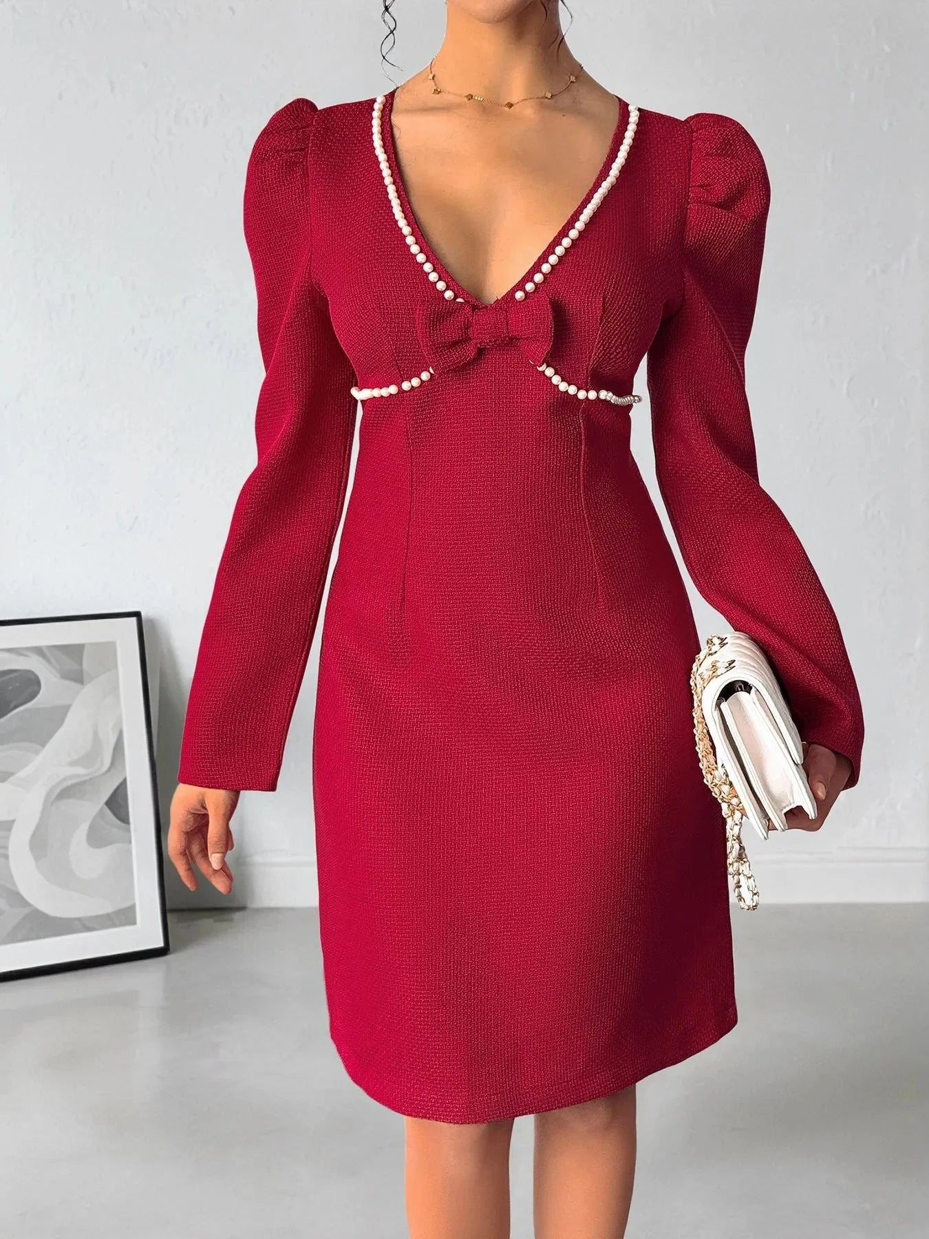 Pearl Trim V-Neck Long Sleeve Bodycon Dress