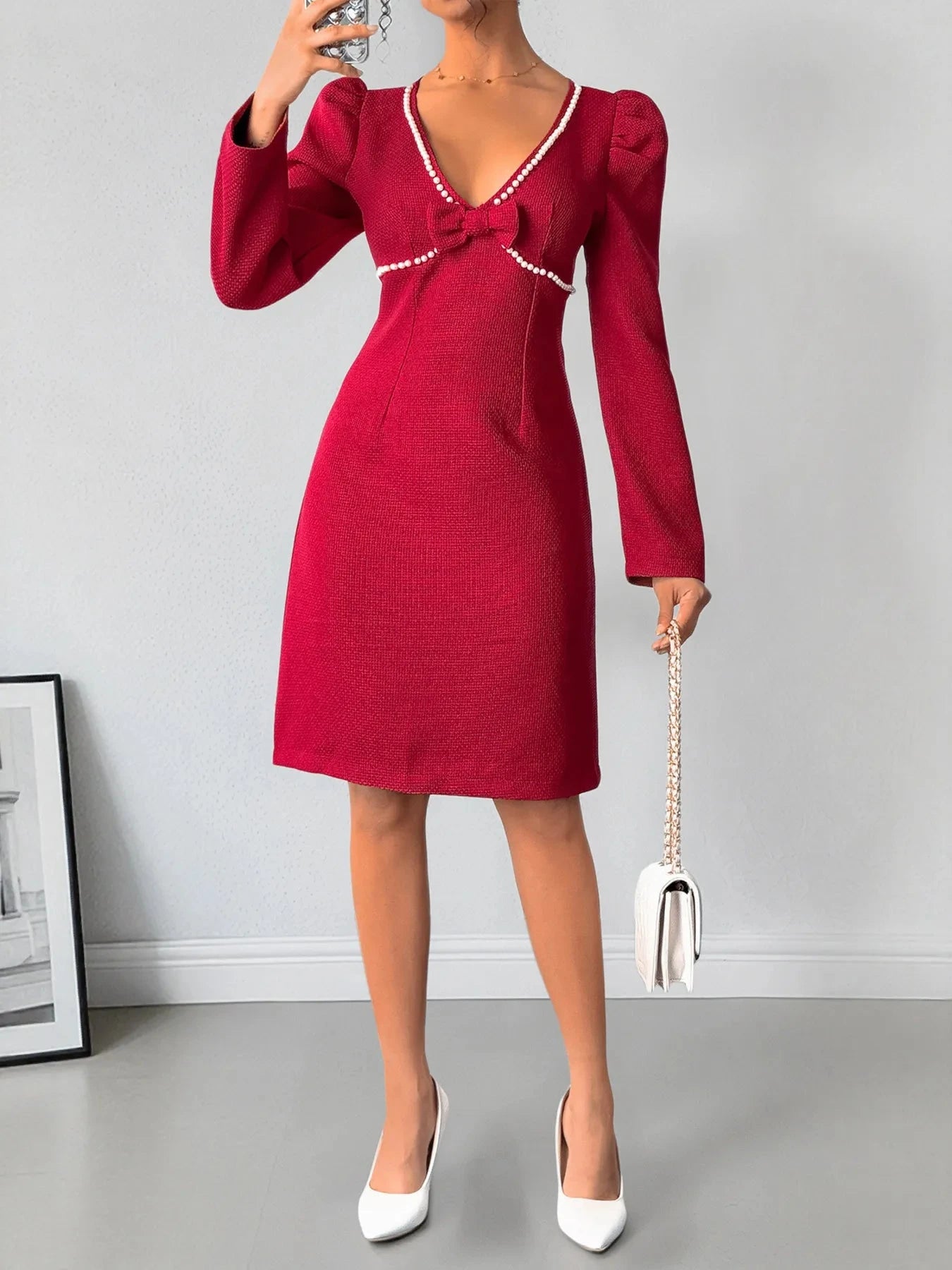 Pearl Trim V-Neck Long Sleeve Bodycon Dress