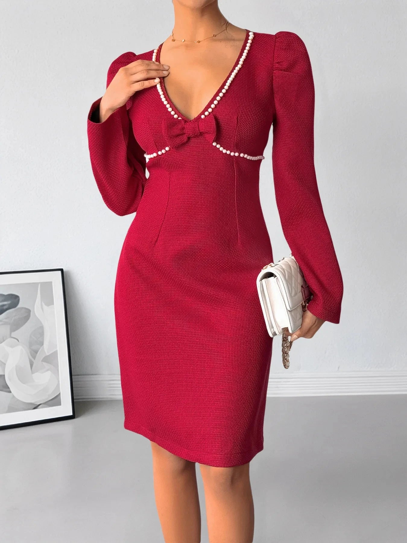 Pearl Trim V-Neck Long Sleeve Bodycon Dress Red / S