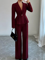 Peplum Blazer & Wide Leg Pants Set Burgundy / S