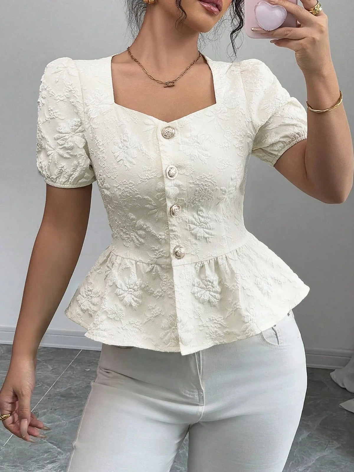 Peplum Button-Front Blouse Ivory / S