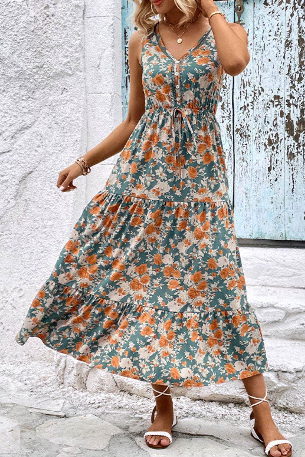 Perfee Floral V-Neck Tiered Sleeveless Dress Floral / S