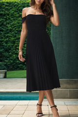 Perfee Pleated Off-Shoulder Midi Dress Black / S