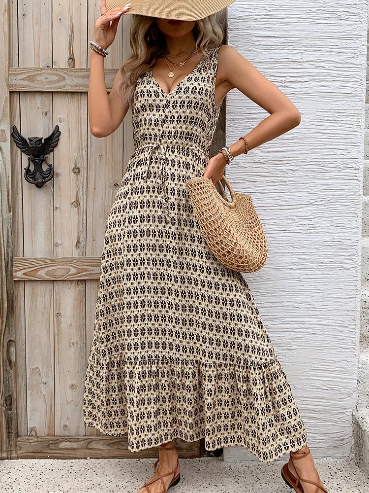 Perfee Printed V-Neck Tie Waist Midi Dress Tan / S