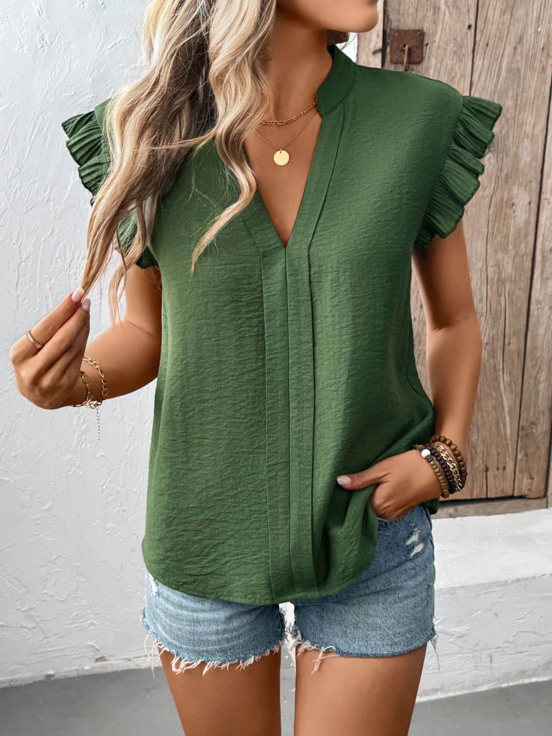 Perfee Ruffled Cap Sleeve Blouse Matcha Green / S