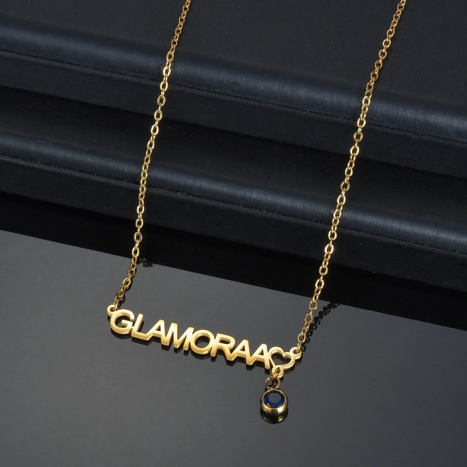 Personalized stainless steel name necklace with birthstone drill cup pendant