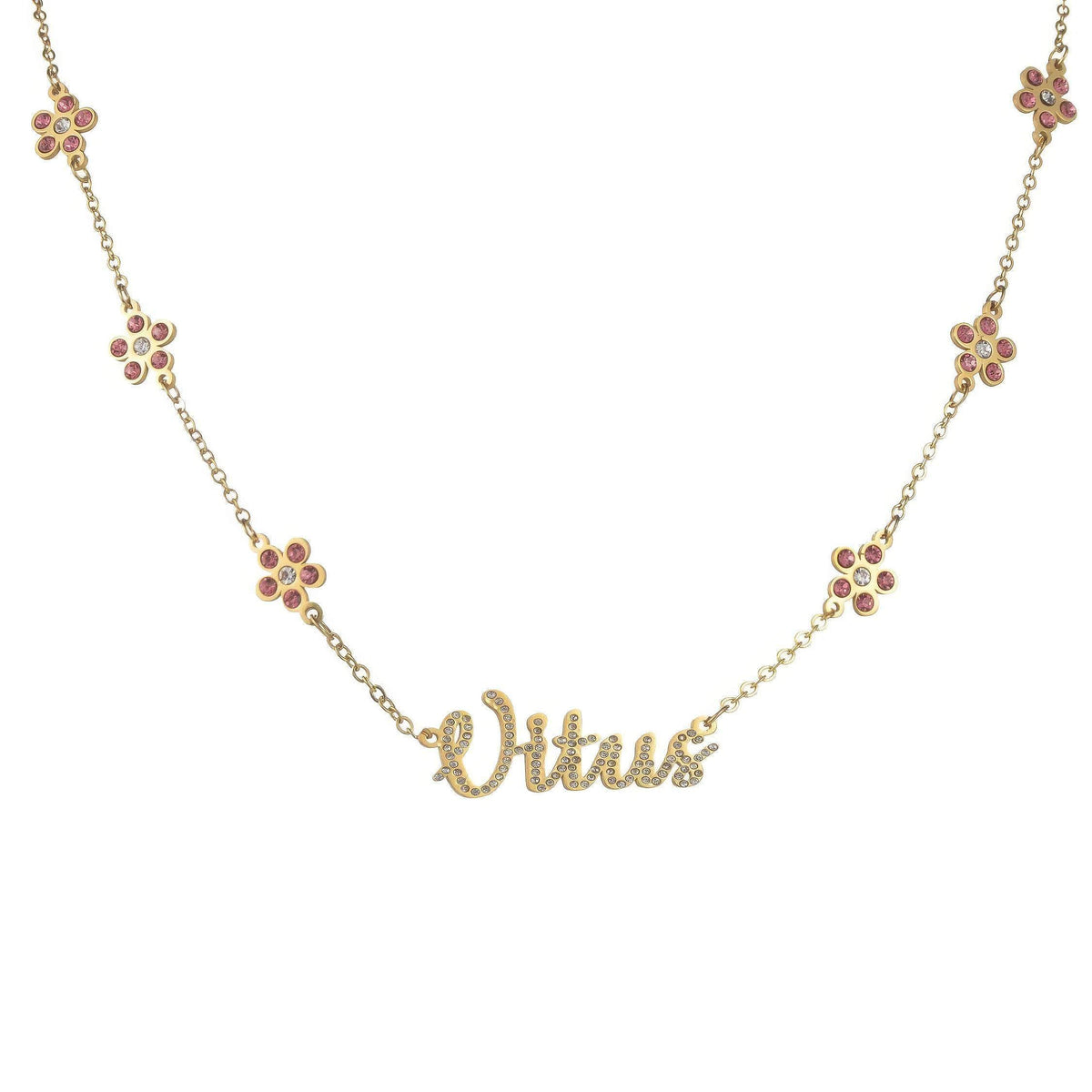 Personalized Zircon Custom Flower Name Necklace for Women - Stainless Steel Link Chain with Bling Stone Letter Pendant Flower / silver color / 35cm