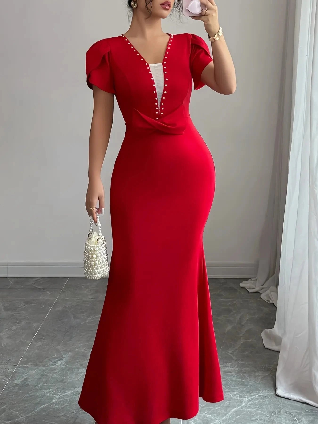 Petal Sleeve Mermaid Maxi Dress Red / S