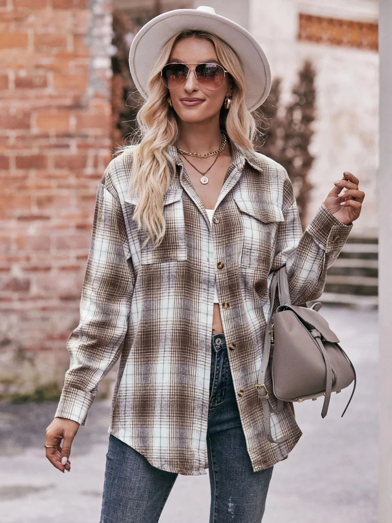 Plaid Button-Down Long Sleeve Shirt Coffee / S