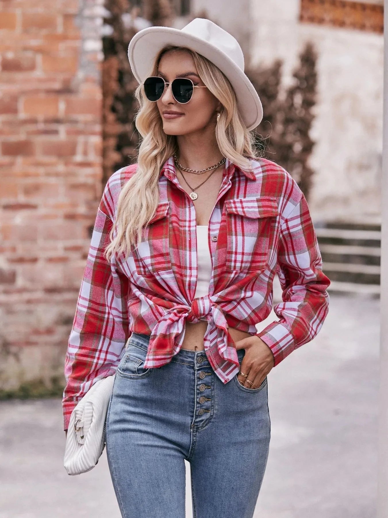 Plaid Button-Down Long Sleeve Shirt Red / S