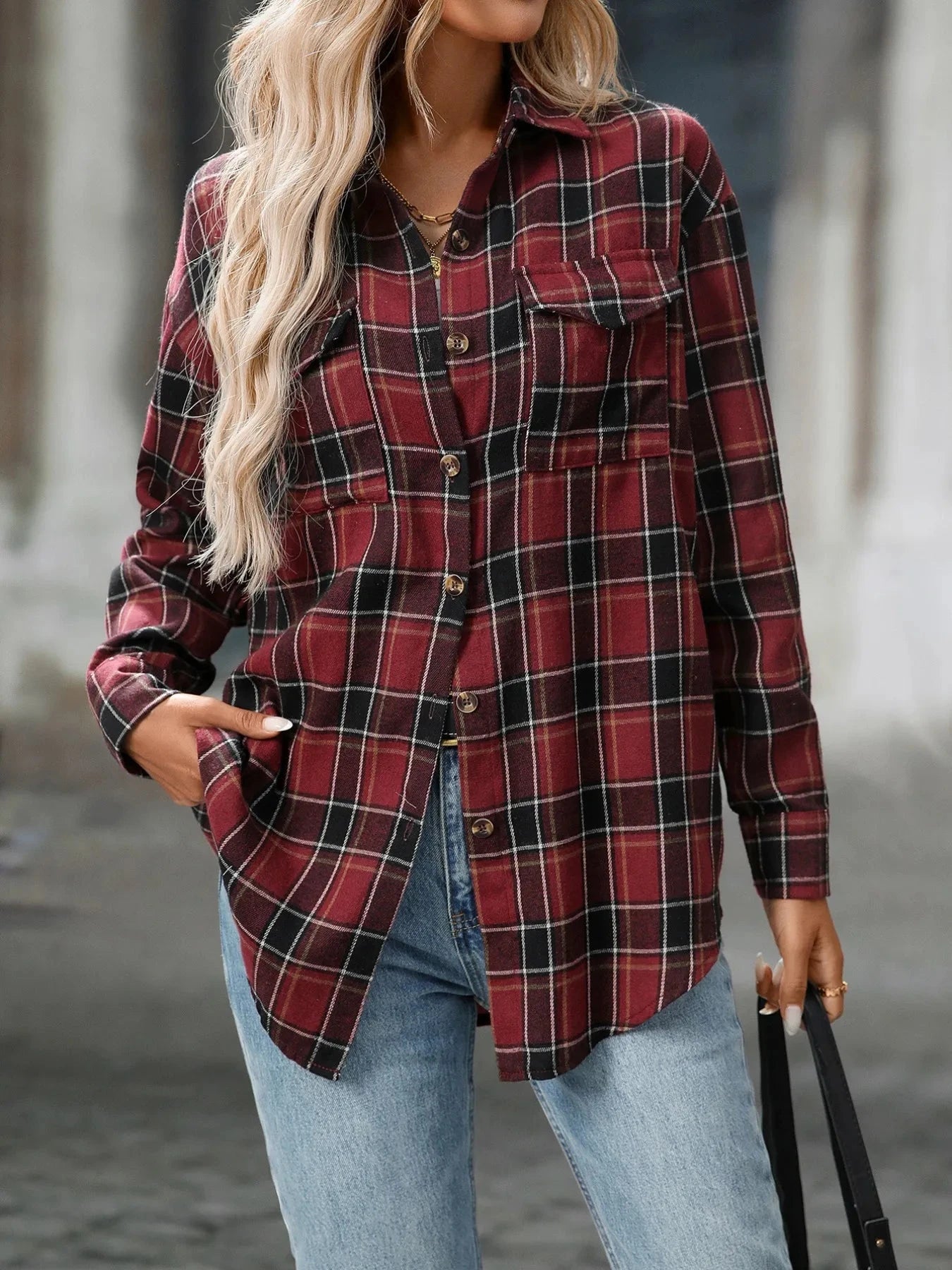 Plaid Button-Down Oversized Shirt Deep Wine Red / S