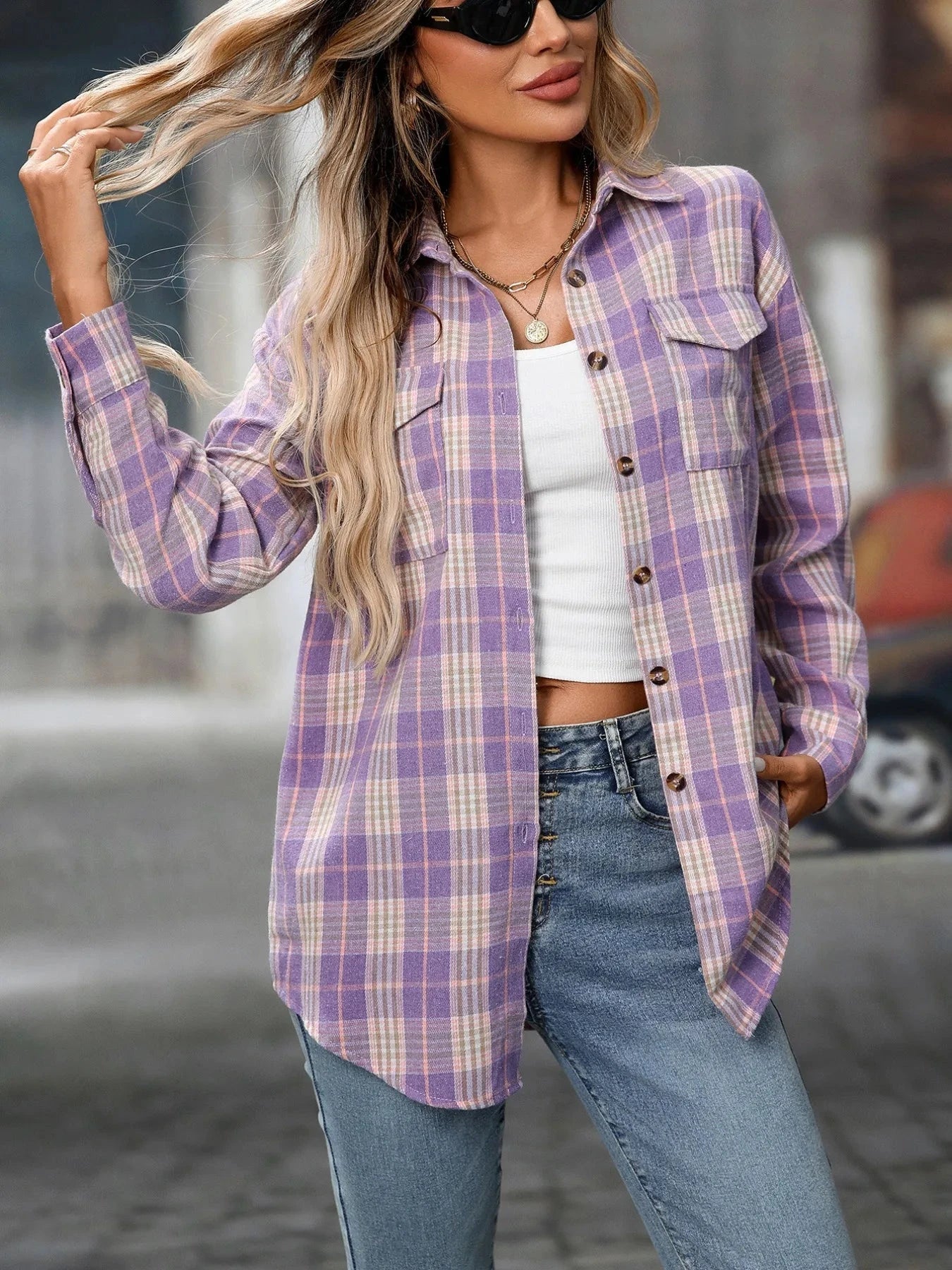 Plaid Button-Down Oversized Shirt Purple / S