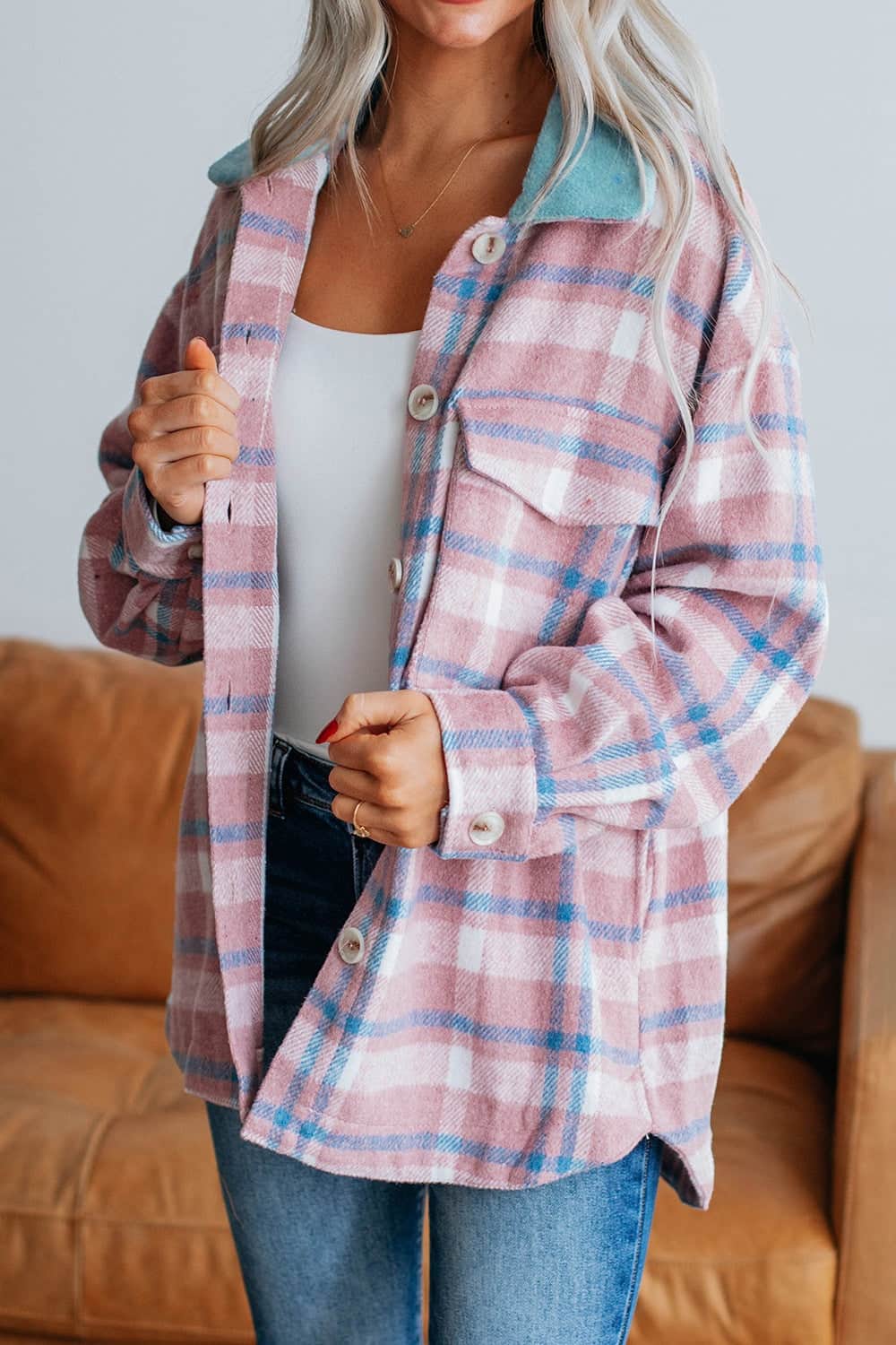 Plaid Collared Neck Flap Pockets Shacket Dusty Pink / S