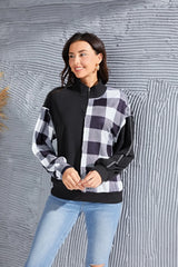 Plaid Exposed Seam Long Sleeve Blouse Black / S