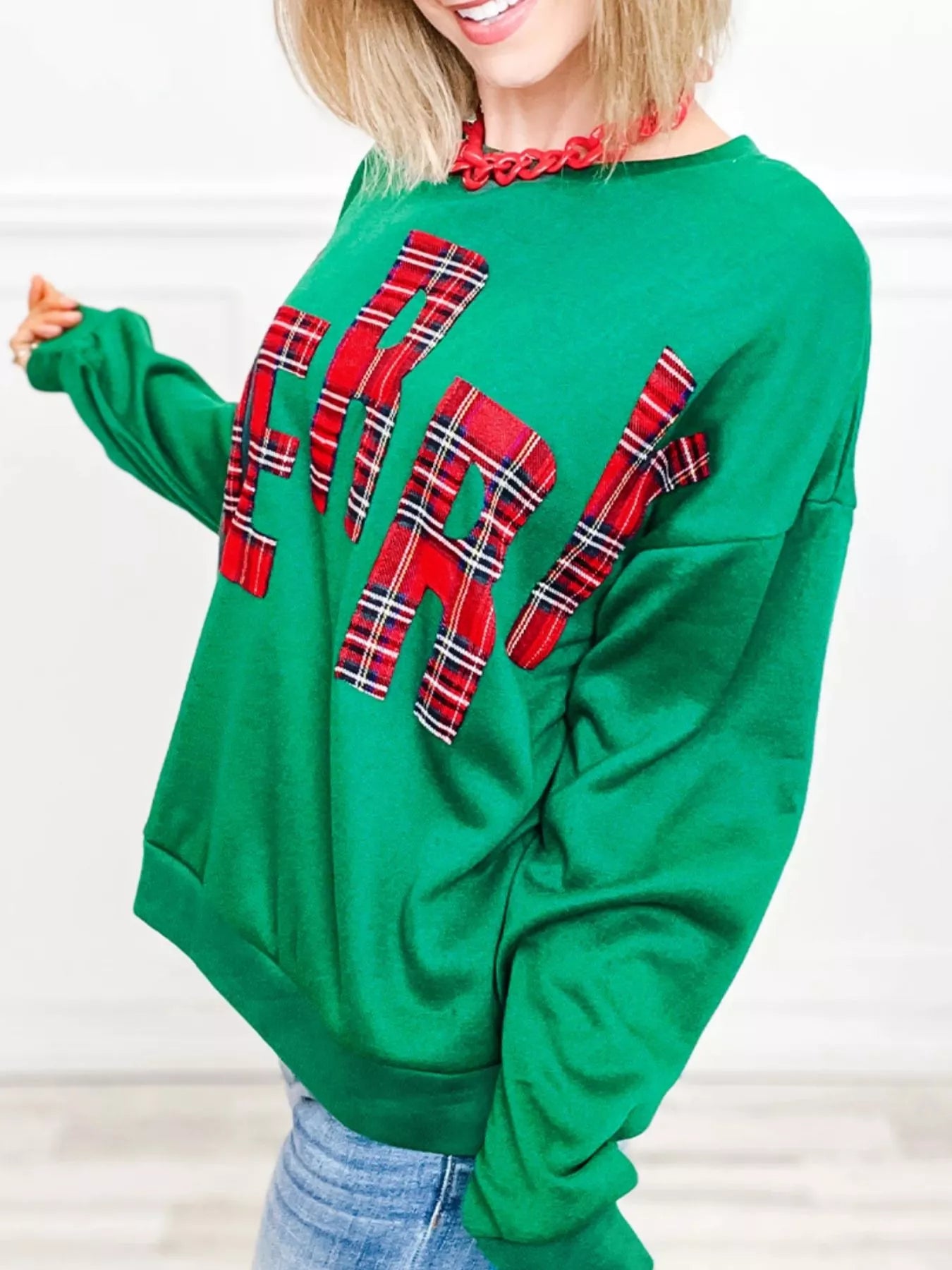 Plaid Letter Graphic Round Neck Sweatshirt