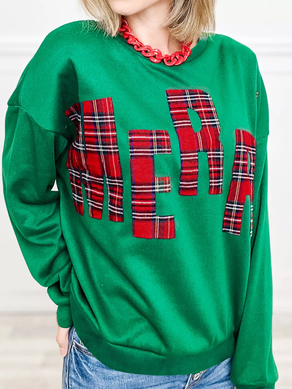Plaid Letter Graphic Round Neck Sweatshirt Green / S