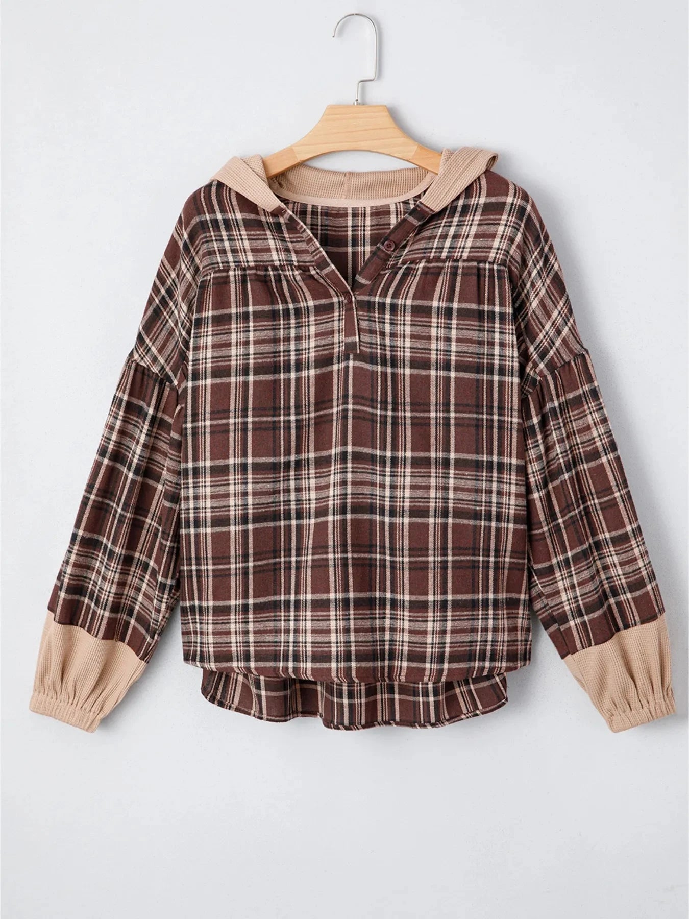 Plaid Patchwork Long Sleeve Hooded Top