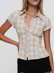 Plaid Short Sleeve Button-Up Shirt Khaki / S