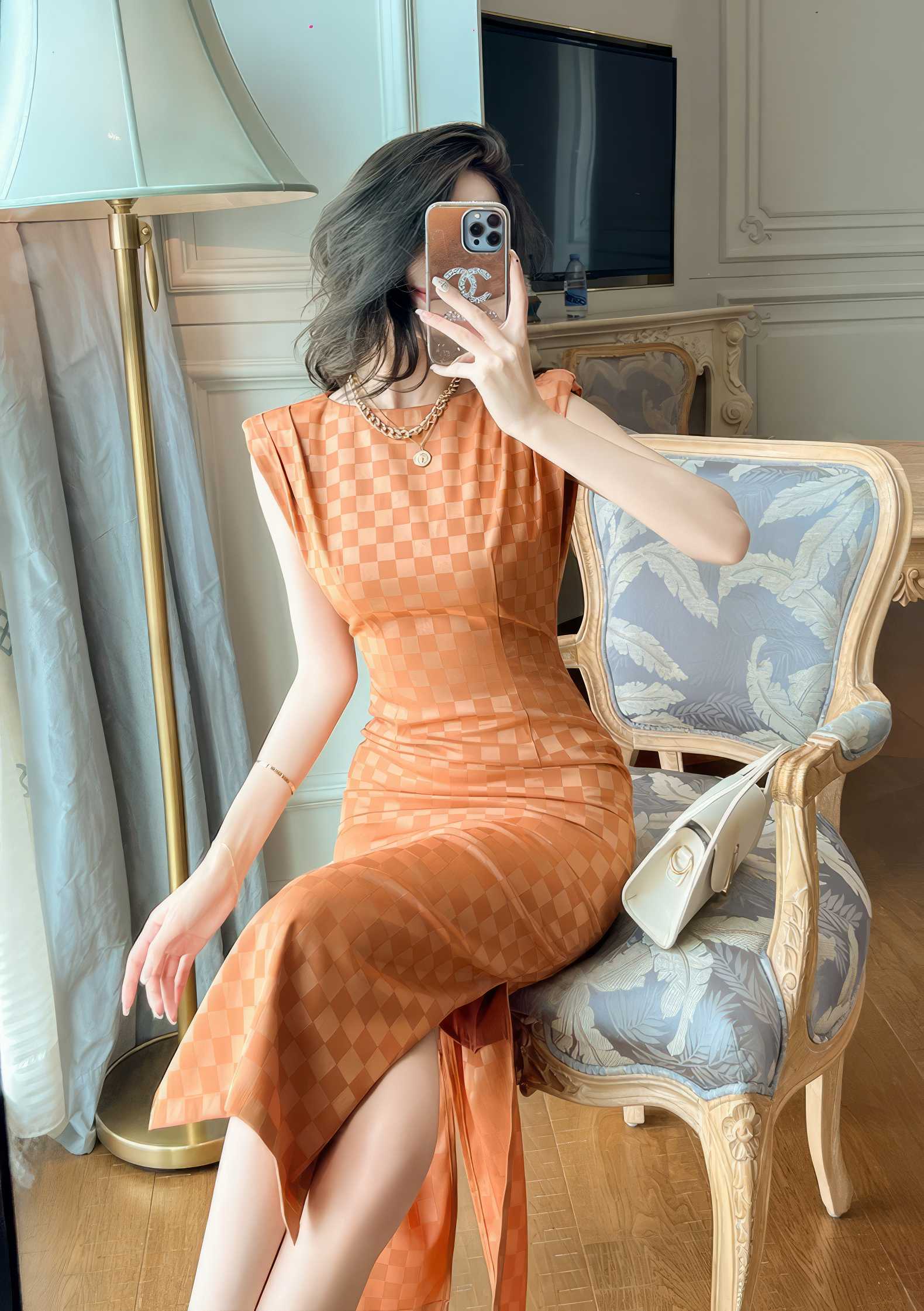 Plaid Split Sleeveless Bodycon Dress
