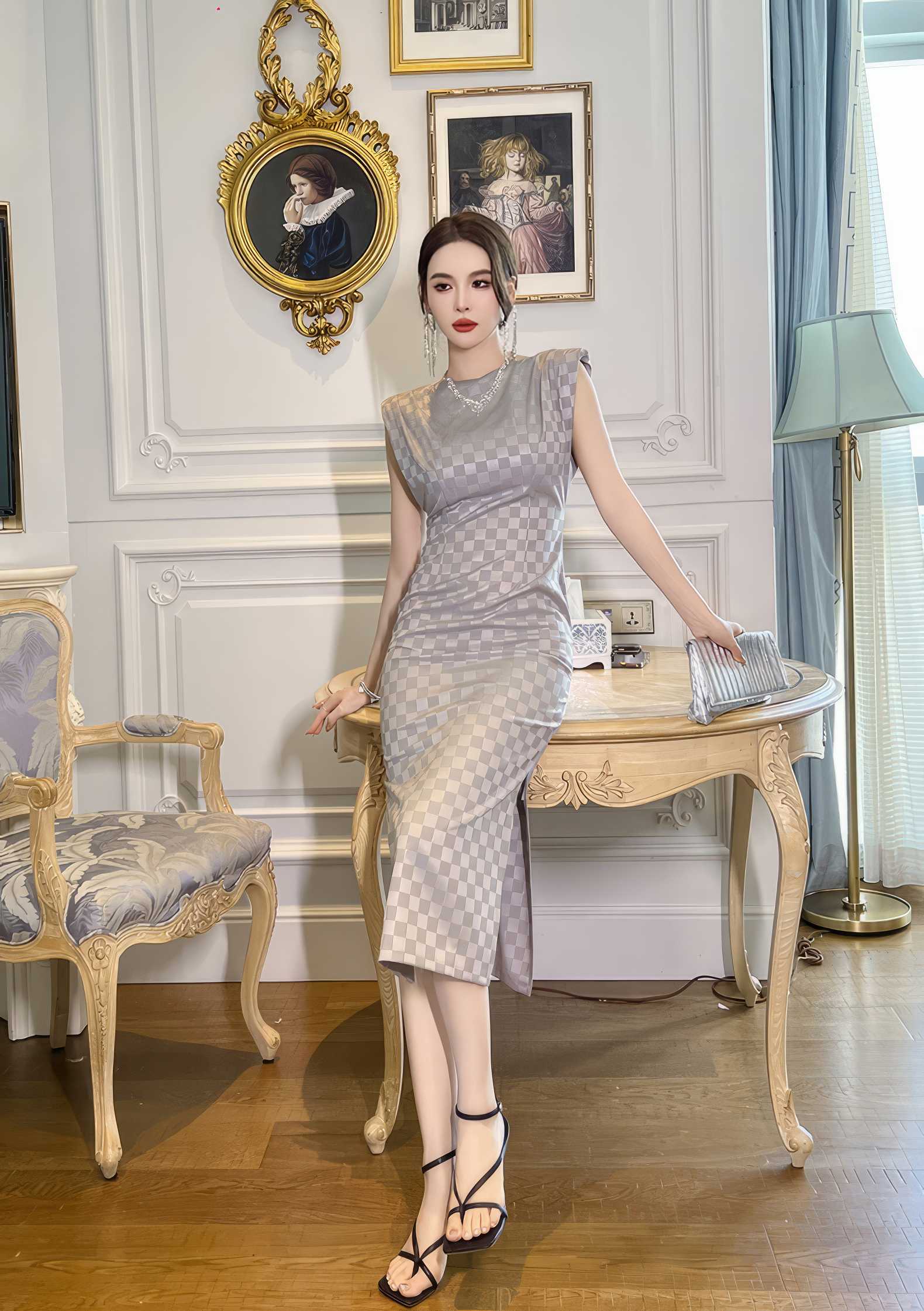 Plaid Split Sleeveless Bodycon Dress