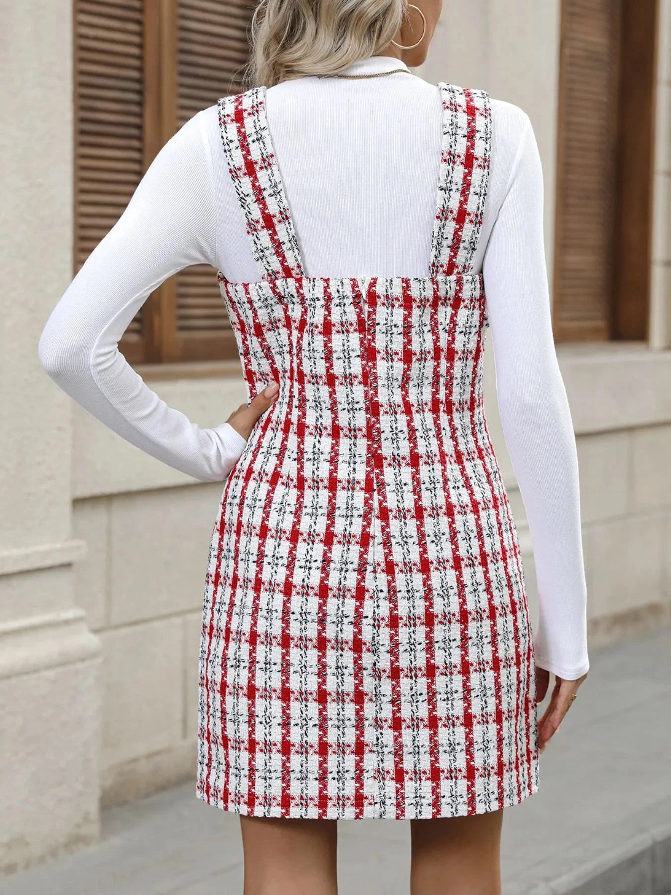 Plaid Tweed Square Neck Mini Dress