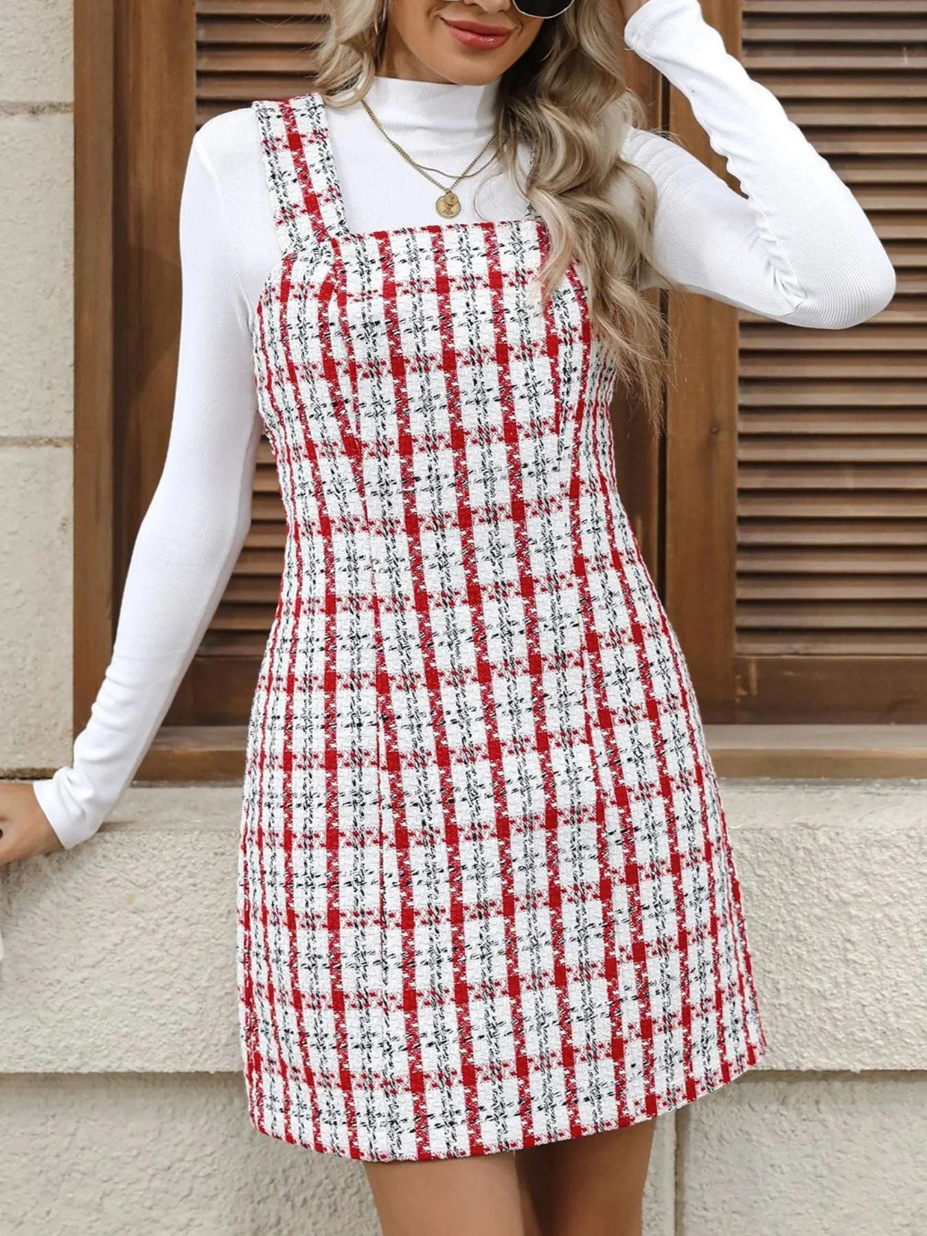 Plaid Tweed Square Neck Mini Dress Scarlet / S