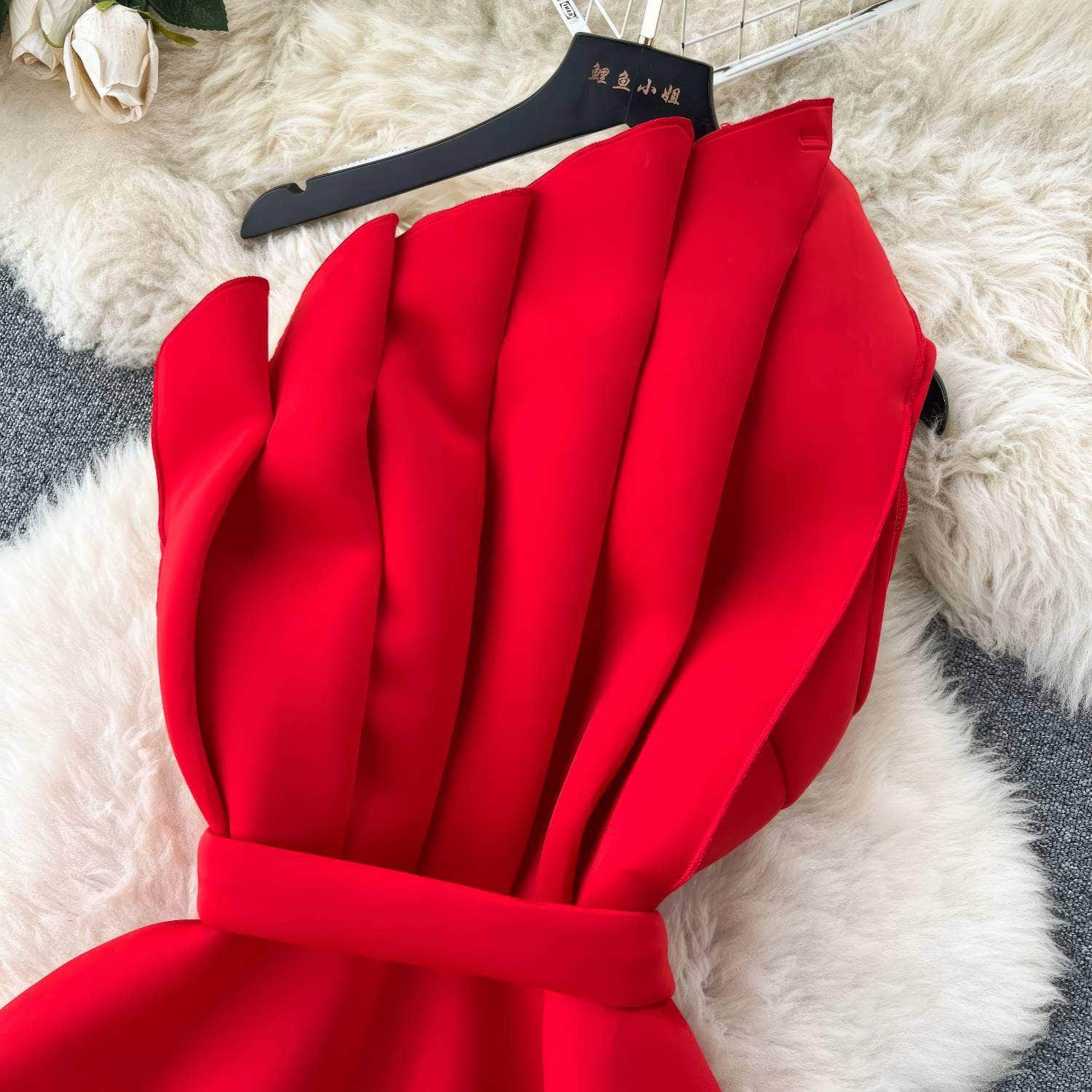 Pleated Asymmetric Flare Scuba Dress
