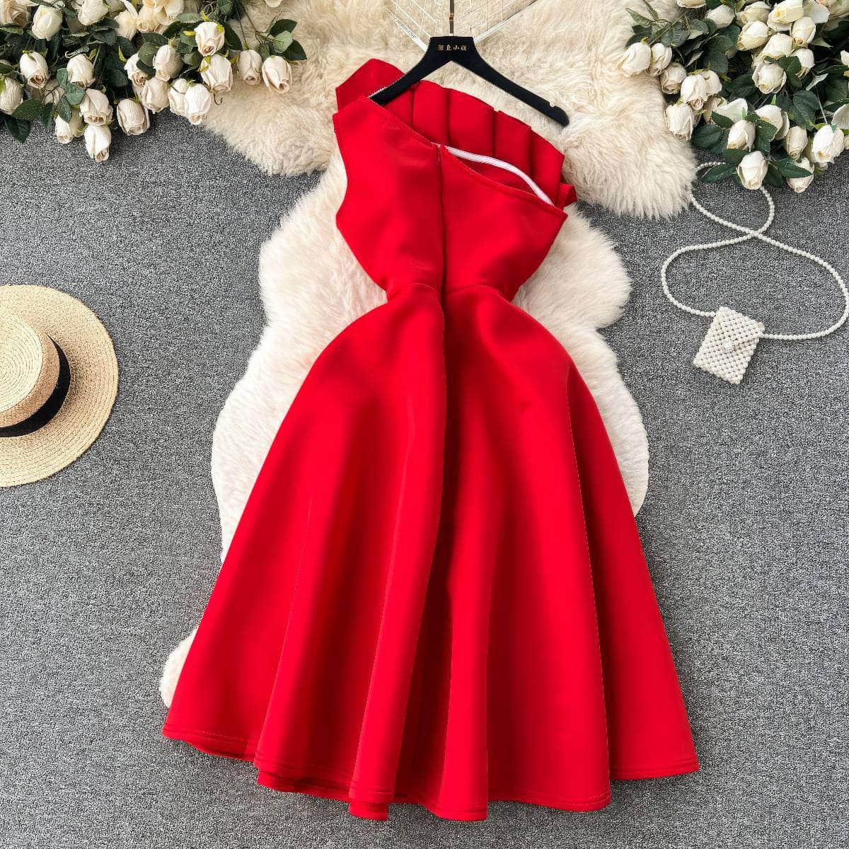 Pleated Asymmetric Flare Scuba Dress