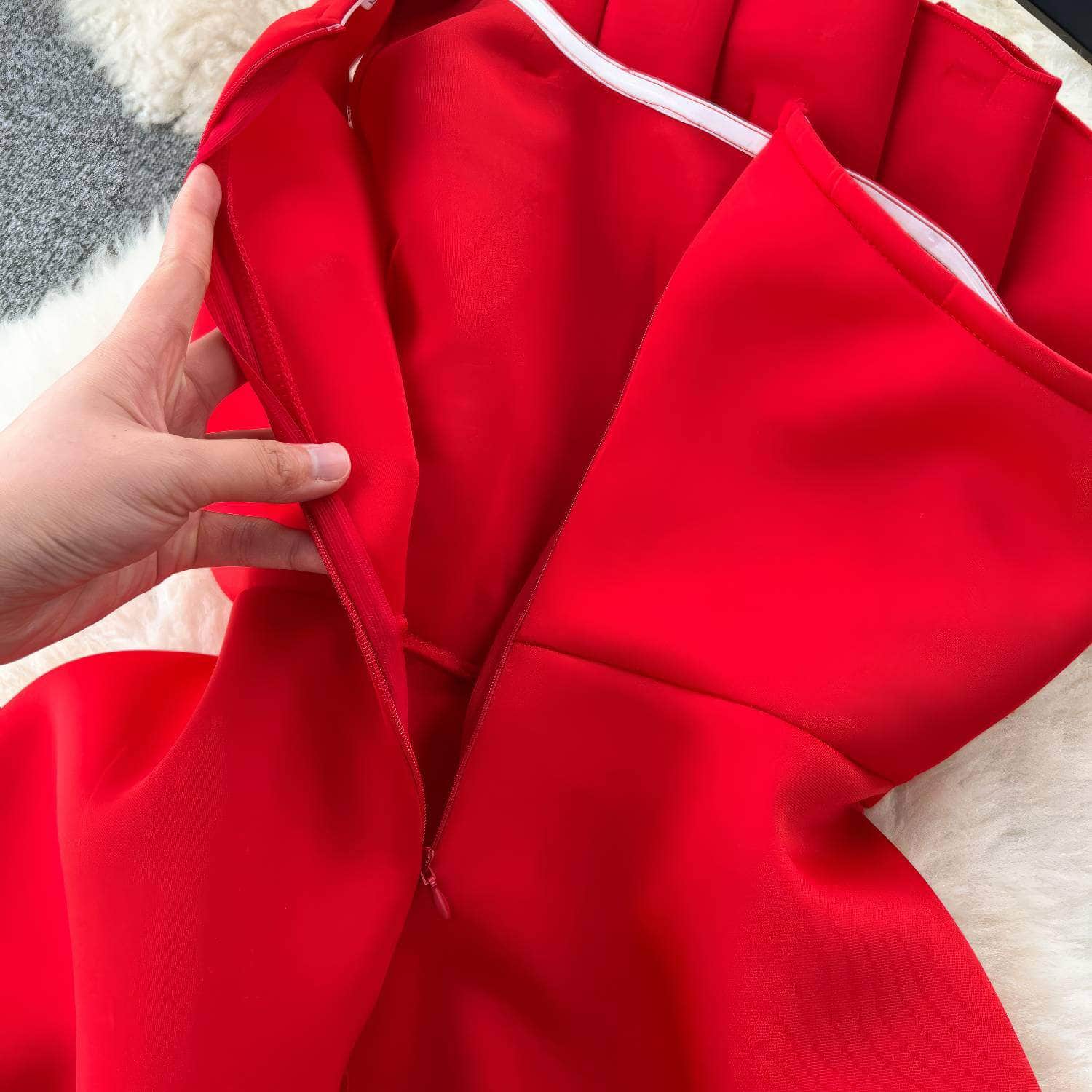 Pleated Asymmetric Flare Scuba Dress
