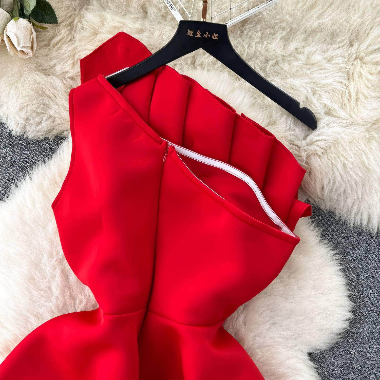 Pleated Asymmetric Flare Scuba Dress