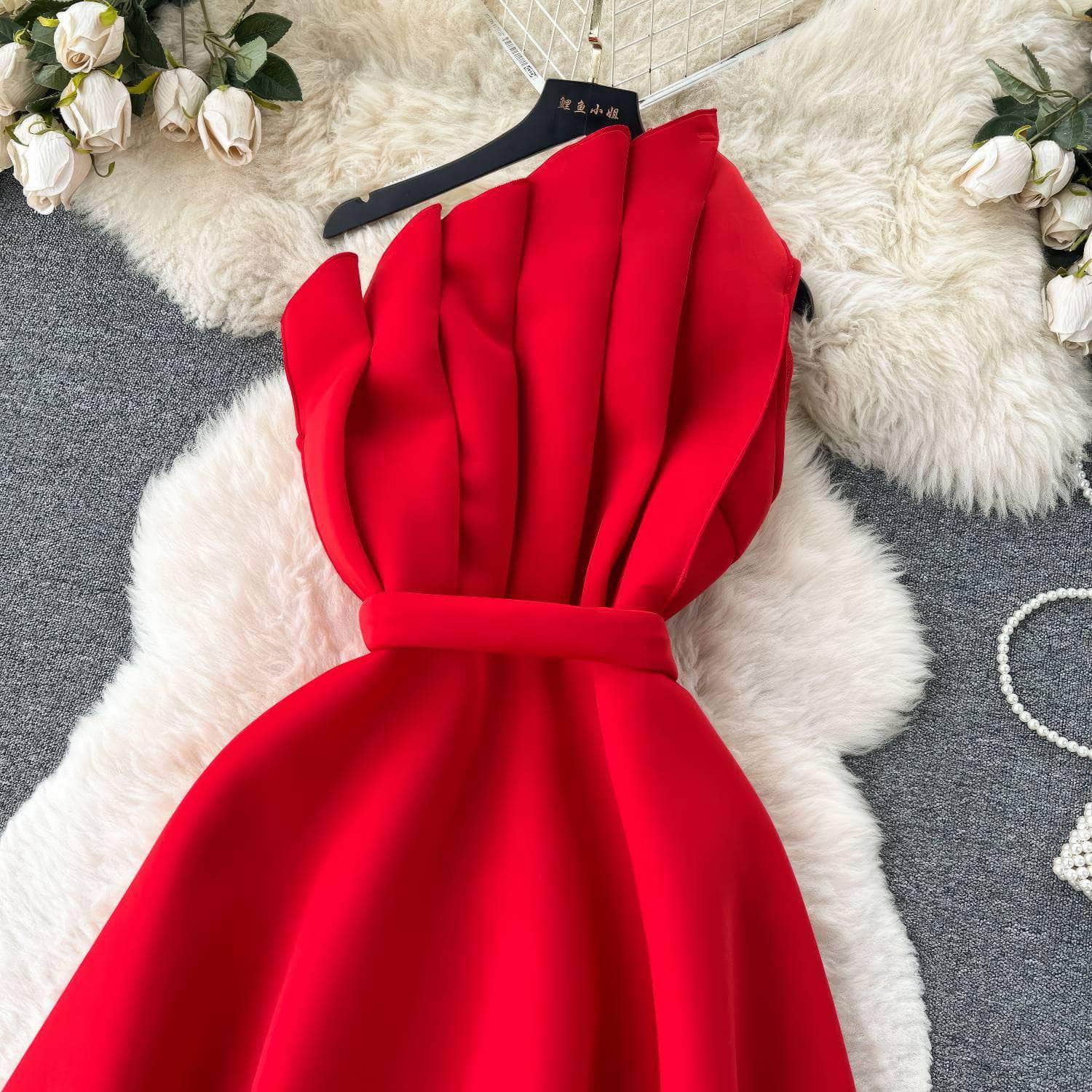 Pleated Asymmetric Flare Scuba Dress