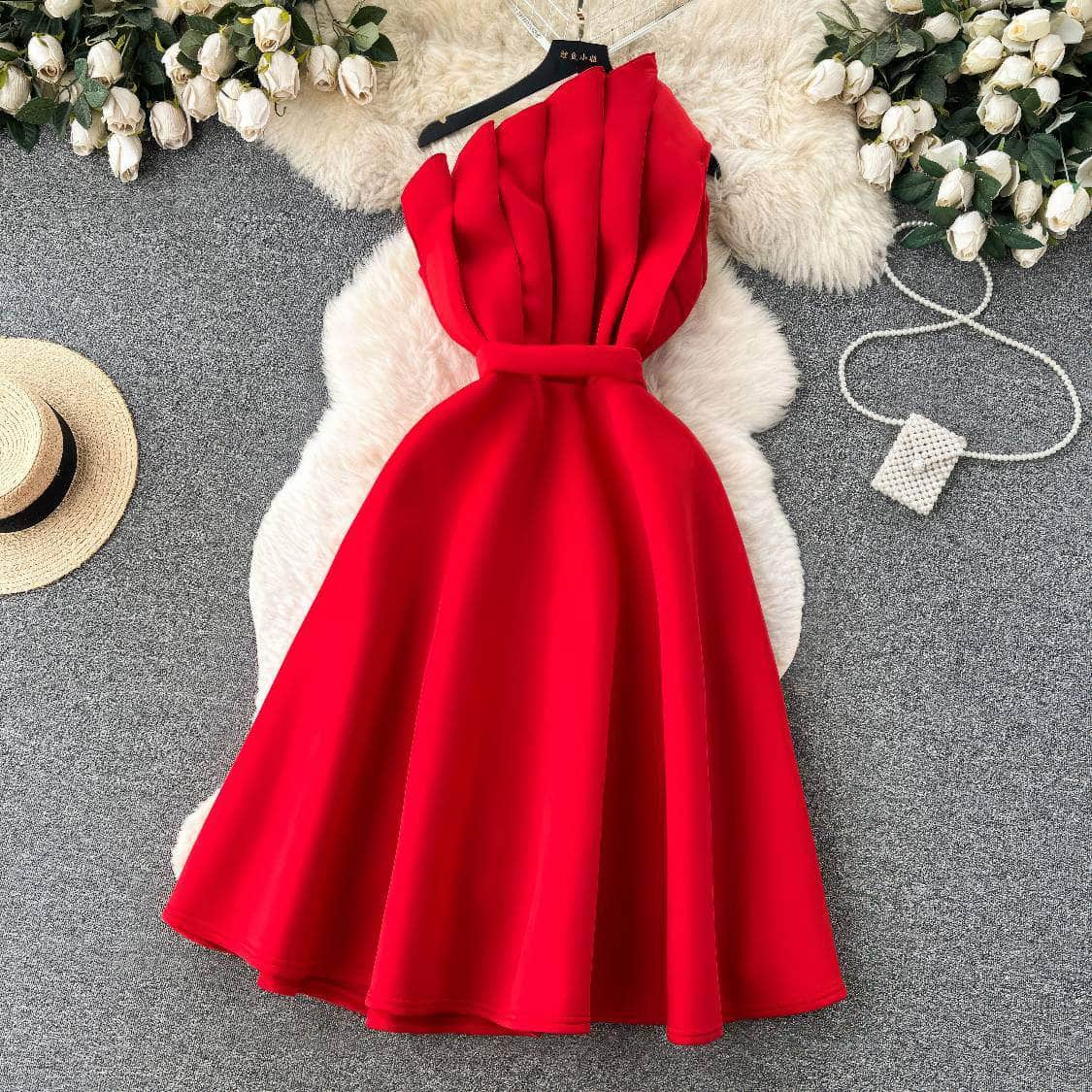 Pleated Asymmetric Flare Scuba Dress